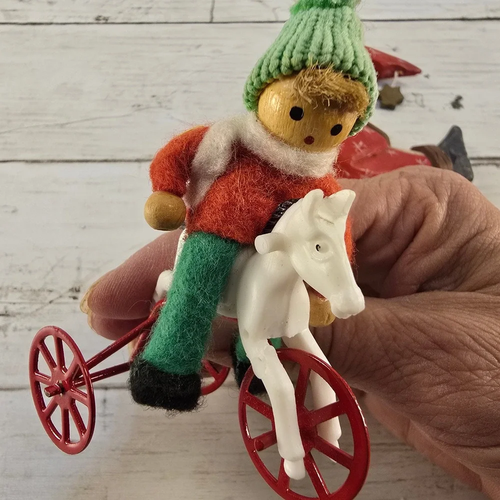 Vintage Christmas Ornament Set Hand Carved Wood Santa Moon and Boy on Tricycle
